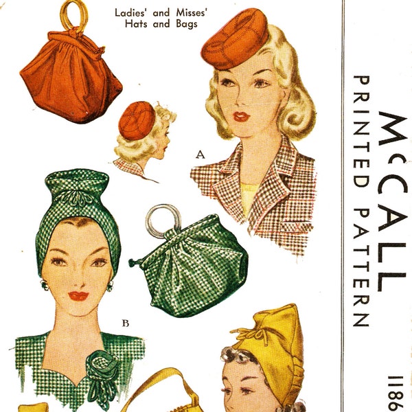 McCall 1186 Misses' Vintage 1940s Turban Hats and Bags Sewing Pattern