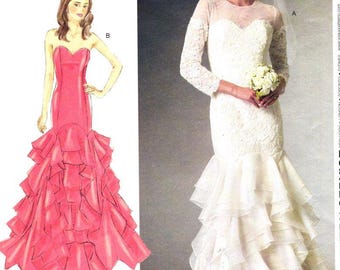 Vogue V1495 Bridal Gown Sewing Pattern: Mermaid Ruffled Skirt, Lace Bodice