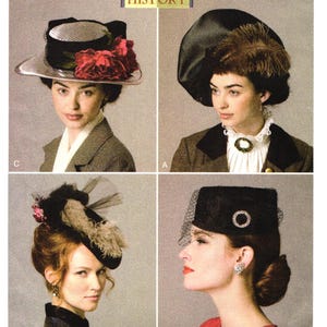 May include: A sewing pattern sheet titled Making History featuring four distinct hat designs. Style C shows a flat-topped hat with red flowers and netting. Style A displays a large black hat with feathers. Style D shows a small black hat with netting and feathers. Style B shows a pillbox hat with a veil and circular brooch.