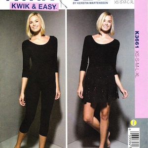 May include: A Kwik Sew K3661 sewing pattern envelope featuring two views of a black outfit. One view shows a black scoop-neck top with three-quarter sleeves and cropped leggings. The other view shows the same top paired with a black flared skirt.
