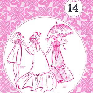 May include: A vintage sewing pattern envelope for Patterns Pacifica number 3061, size 14. The pink and white packaging features a repeating floral pattern and line drawings of three dress variations, including short and long styles with ruffles.