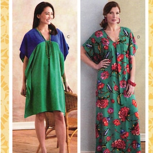 May include: Butterick pattern B6683 for sizes L-XL-XXL features two dress variations. View C is a knee-length green dress with blue sleeves and a V-neck. View D is a floor-length green dress with a floral pattern, short sleeves, and a V-neckline.