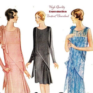 May include: A vintage-style illustration featuring three dresses: a long-sleeved pink dress with a shoulder flower, a long-sleeved black dress with a diagonal white trim, and a sleeveless blue patterned dress. Text reads: High Quality Reproduction Instant Download.
