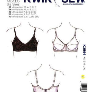 May include: Kwik Sew pattern K3594 for misses' bras in sizes 32 to 40 with various cup sizes. The package displays illustrations of two front views of a bra, one with a dark floral pattern and one plain, and a rear view showing the back closure.