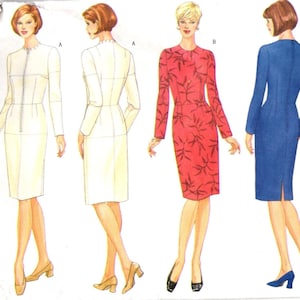 May include: A sewing pattern illustration showing two dress styles. Style A is a white long-sleeved dress with a front zipper and high neckline. Style B is a red dress with a dark leaf print and a solid blue version, both featuring long sleeves.