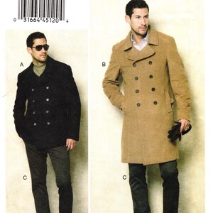 May include: Vogue Patterns V8940 sewing pattern envelope featuring two double-breasted coat styles. Style A is a black pea coat, and Style B is a tan knee-length overcoat. Both coats feature notched lapels, button closures, and long sleeves.