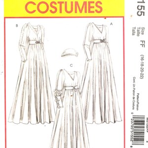 May include: A McCall's Costumes sewing pattern envelope M5155 for sizes FF (16-18-20-22). The front features black and white illustrations of three floor-length gowns with V-necklines, belted waists, and long sleeves, plus a small headpiece.
