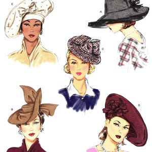 May include: Simplicity pattern S9834 for five distinct hat styles in one size. The illustrations show a white embellished hat, a wide-brimmed black hat, a plaid textured hat, a brown structured hat with a bow, and a deep red hat with floral accents.
