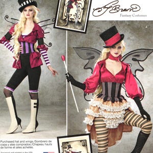 May include: Simplicity pattern 1301 for fantasy costumes featuring two designs. One includes a magenta jacket, purple and black striped corset, and black leggings. The other features a magenta top, striped corset, ruffled skirt, and striped leggings.