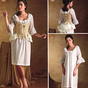 May include: Simplicity sewing pattern 8162 for sizes U.S. 14-22. The pattern features a white chemise with ruffled neckline and sleeves, and a structured, lace-up corset bodice with a peplum. Includes views A, B, and C for various combinations.