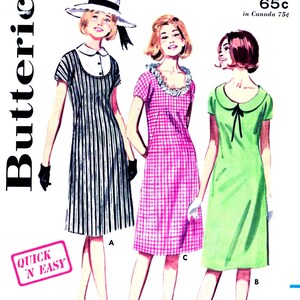 Butterick 3064 Sewing Pattern Vintage 1960s Easy Dresses with Dicky, Peter Pan Collar and Bow