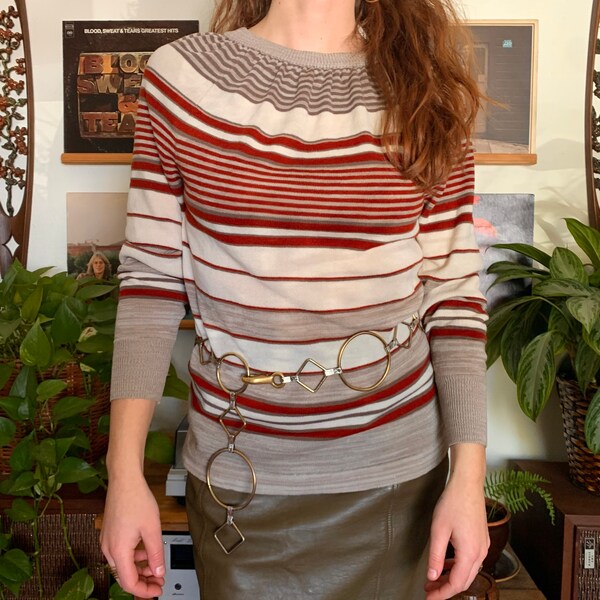 Vintage Late 70s Virgin Acrylic Donn Kenny Striped Red Rust and Beige Sweater - Size Small