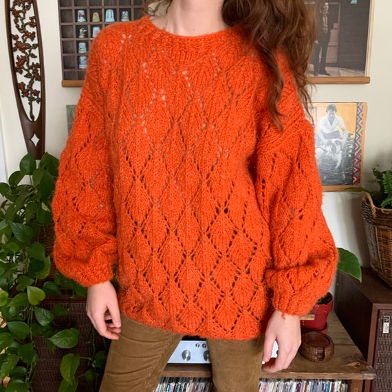 Handmade Vibrant Orange Open Knit Sweater with Bal