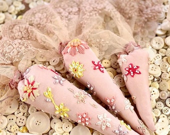 Pink Velvet Embroidered Carrots: Handmade Spring Decor, Set of 3