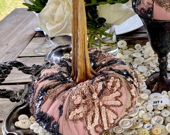 Pink pumpkin set, velvet pumpkins, embellished jeweled pumpkins, centerpiece, Fall bridal shower, Autumn table decor, Mauve Glam Fancy