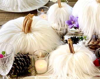 White Faux Fur Pumpkins, Velvet pumpkins with real stems, Luxury Centerpiece Set, Maximalist Tablescape, Glam Romantic Home Accents