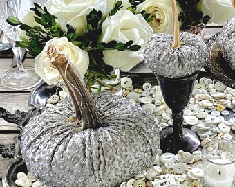 Silver Pumpkins, Velvet pumpkins, luxury home decor, fall centerpiece, fancy halloween, maximalist, glam wreath attachment, autumn neutral