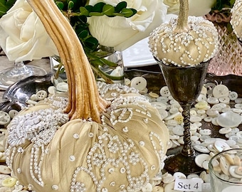 Neutral Gold Pumpkins, Fall Table Decor, Maximalist, luxury wedding centerpiece, Plush velvet pumpkins, Glam shelf styling, Taupe Tan Khaki
