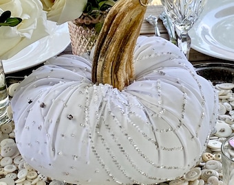 Embellished White Pumpkin, Velvet pumpkin, Neutral Fall Decor, Maximalist Wedding, Rhinestone Centerpiece, Bridal shower Decor, Halloween