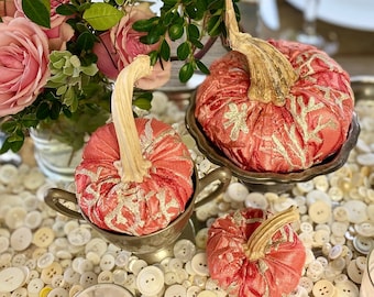 Orange Coral pumpkins, Velvet Pumpkins with Real Stems, Fall Decor, Bowl Fillers, autumn centerpiece, pink beach theme, Baby Shower, coastal