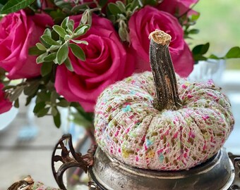 Pastel Pink Tweed pumpkins, Velvet Pumpkins with Real Pumpkin Stems, Fall Decor, Bridal Shower Decor, Baby Shower, Embellished Pumpkins