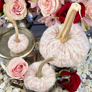 Pink Tweed Pumpkins Set: Velvet Cinderella Pumpkins with Real Stems