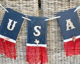 USA banner, 4th of July decor, 250th anniversary, Vintage USA Patriotic Decorations, Independence Day bunting, 1776 Americana, upcycled book