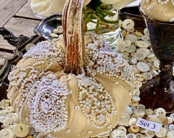 Neutral Gold Pumpkins, Fall Table Decor, Maximalist, luxury wedding centerpiece, Plush velvet pumpkins, Glam shelf styling, Taupe Tan Khaki