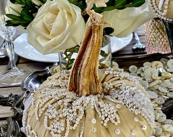 Neutral Gold Pumpkins, Fall Table Decor, Maximalist, luxury wedding centerpiece, Plush velvet pumpkins, Glam shelf styling, Taupe Tan Khaki