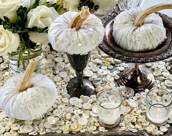 Lace & Pearl Pumpkin Centerpiece Set, Luxury wedding centerpiece, maximalist Fall tablescape, Bridal table decor, Lush textured pumpkins