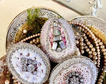 Rhinestone Easter Egg Set: Vintage Jeweled Velvet Eggs