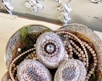 Rhinestone Easter Egg Set: Vintage Jeweled Velvet Eggs