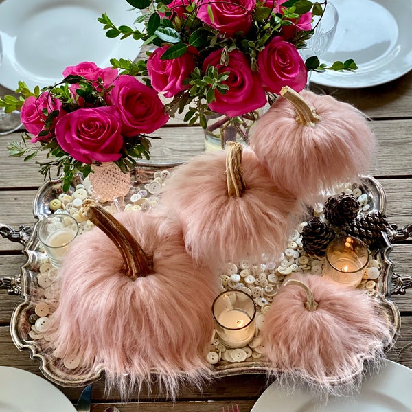 Pink Fur Pumpkins, Velvet Pumpkins with real stems, Bridal Shower Decor, Coquette asthetic, Pastel Fall Autumn bowl fillers, Halloween