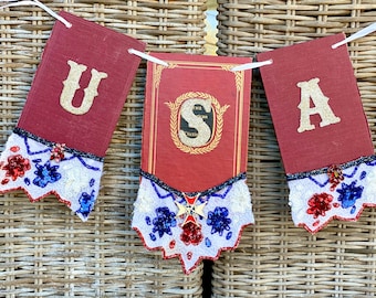 USA banner, 4th of July decor, 250th anniversary, Vintage USA Patriotic Decorations, Independence Day bunting, 1776 Americana, one of a kind