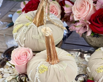 Neutral Taupe Pumpkins, Fall Table Decor, Modern Maximalist style, luxury wedding centerpiece, Plush velvet pumpkins, Glam shelf styling