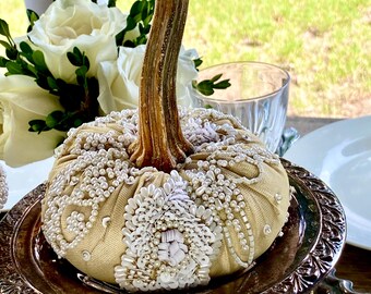 Neutral Gold Pumpkins, Fall Table Decor, Maximalist, luxury wedding centerpiece, Plush velvet pumpkins, Glam shelf styling, Taupe Tan Khaki