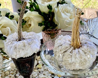 Lace & Pearl Pumpkin Centerpiece Set, Luxury wedding centerpiece, maximalist Fall tablescape, Bridal table decor, Lush textured pumpkins