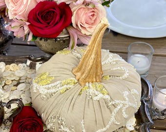 Neutral Taupe Pumpkins, Fall Table Decor, Modern Maximalist style, luxury wedding centerpiece, Plush velvet pumpkins, Glam shelf styling