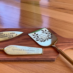 Beautiful Gold Engraved Set of 3 Charcuterie Serving Tools/Cutting Knives/Cheese and Dip Spreaders/Knife Set Metal/Mothers Day