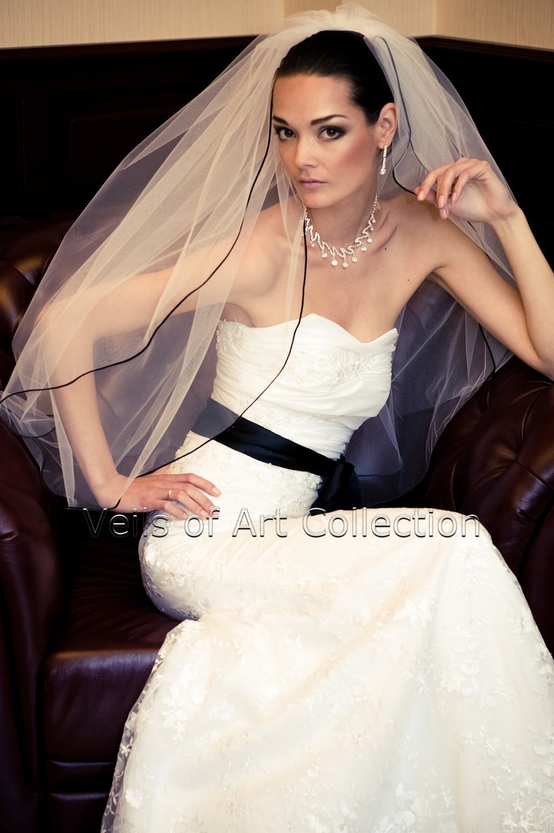 ivory NEW CUSTOM VEIL 2T Fingertip Bridal Wedding Veil 18 Black Satin Cord Trim VE221 white