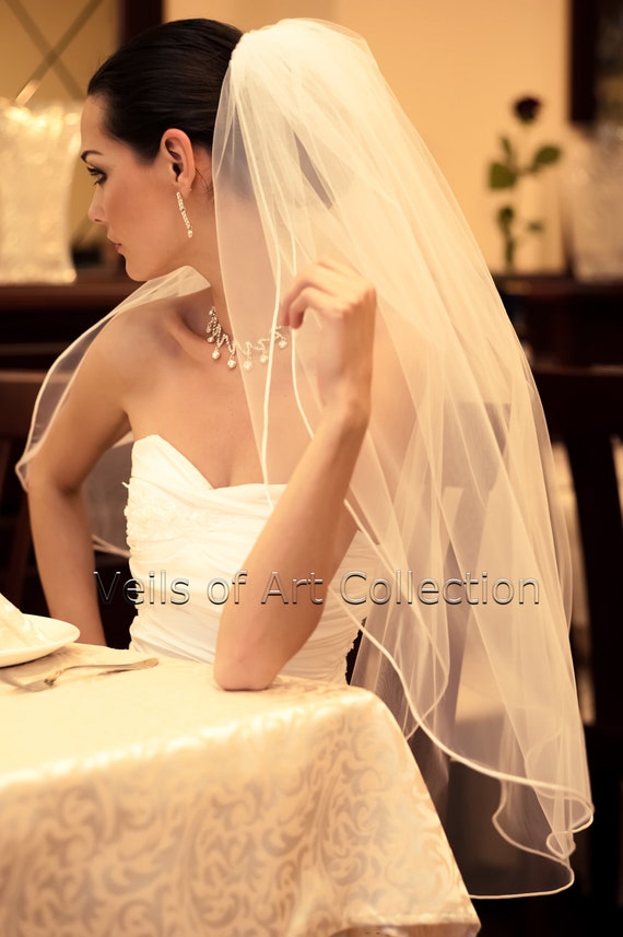 ivory NEW CUSTOM VEIL 2T Fingertip Bridal Wedding Veil 18 Black Satin Cord Trim VE221 white