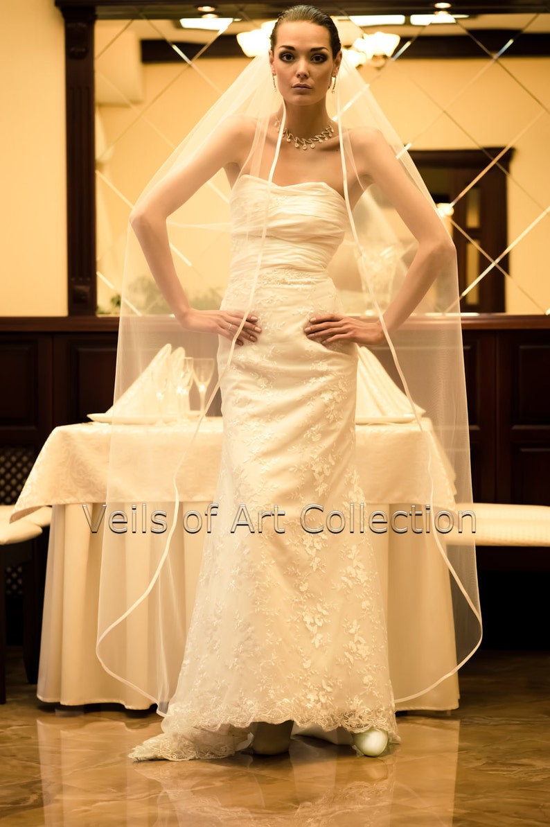 1T Waltz Floor Bridal Wedding Veil 3/8 Satin Trim VE203 white or ivory image 2