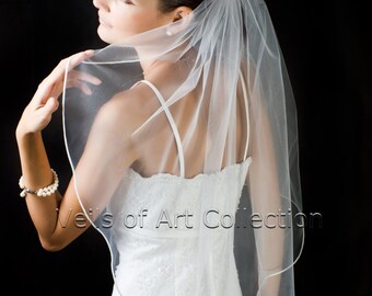 1T Elbow/Waist Bridal Wedding Veil 1/8" Satin Cord Trim VE208 white, ivory NEW CUSTOM VEIL