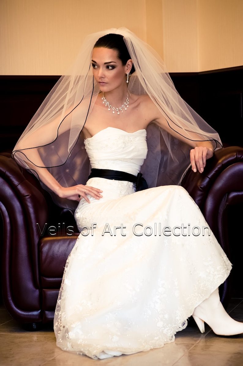 ivory NEW CUSTOM VEIL 2T Fingertip Bridal Wedding Veil 18 Black Satin Cord Trim VE221 white