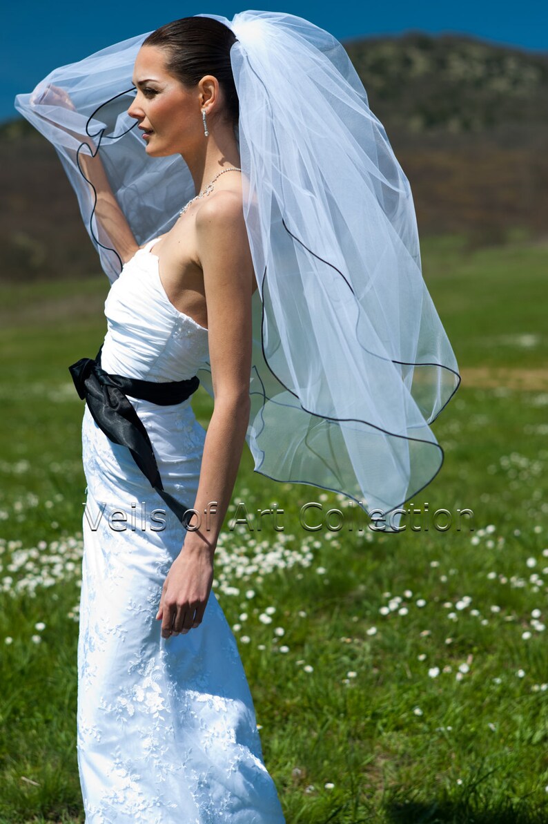 ivory NEW CUSTOM VEIL 2T Fingertip Bridal Wedding Veil 18 Black Satin Cord Trim VE221 white