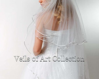 2T Fingertip Bridal Wedding Veil 1/8" Satin Cord & Swarovski Trim VE170 white, ivory NEW CUSTOM VEIL