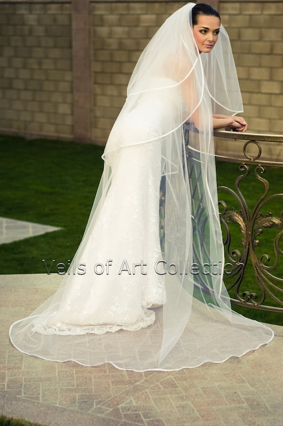 New 3T cathedral white wedding veil w/comb Extra Long Royal Length Wedding Veil, Monarch Raw Edge  main image 4