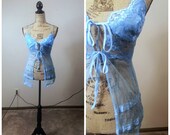 Vintage Sheer Robe Blue Nightgown Babydoll Chemise Camisole Lace Nylon Nightie Ties Victorias Secret Pin Up Bridalwear PERFECT CONDITION!