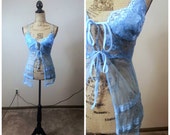 Vintage Sheer Robe Blue Nightgown Babydoll Chemise Camisole Lace Nylon Nightie Ties Victorias Secret Pin Up Bridalwear PERFECT CONDITION!