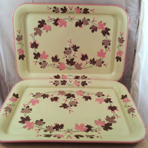 RESERVED 1950s TV Tray Set Pastel Autumn Leaves Rustic Metal Serving Mid Century 1960s Kitsch